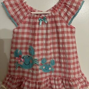 Charming Pink Checkered Kids Dress with Crab Design